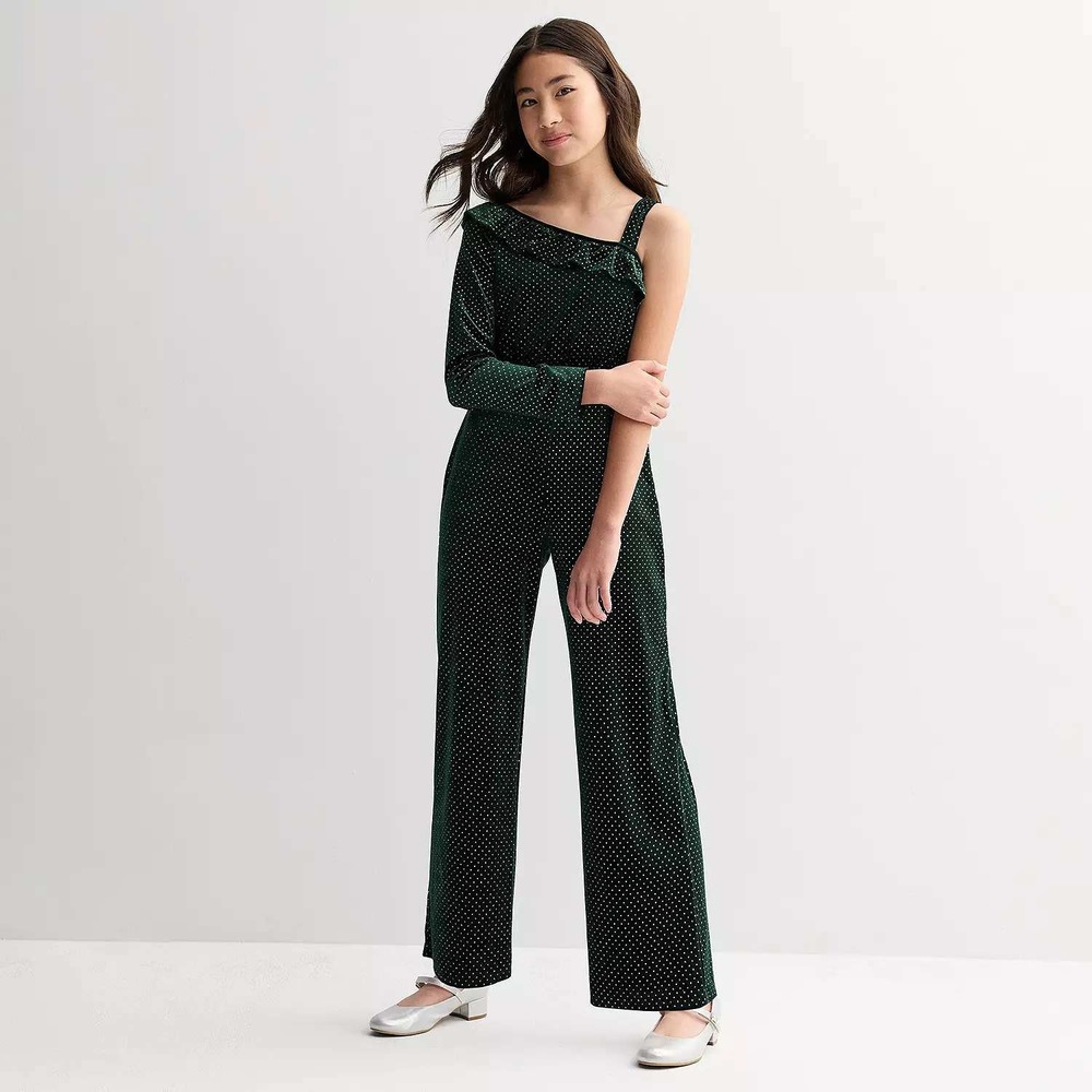 MSRP $60 Kohl's Eyeshadow Girls XL (16) Green Silver Glitter Dot Velvet Jumpsuit
